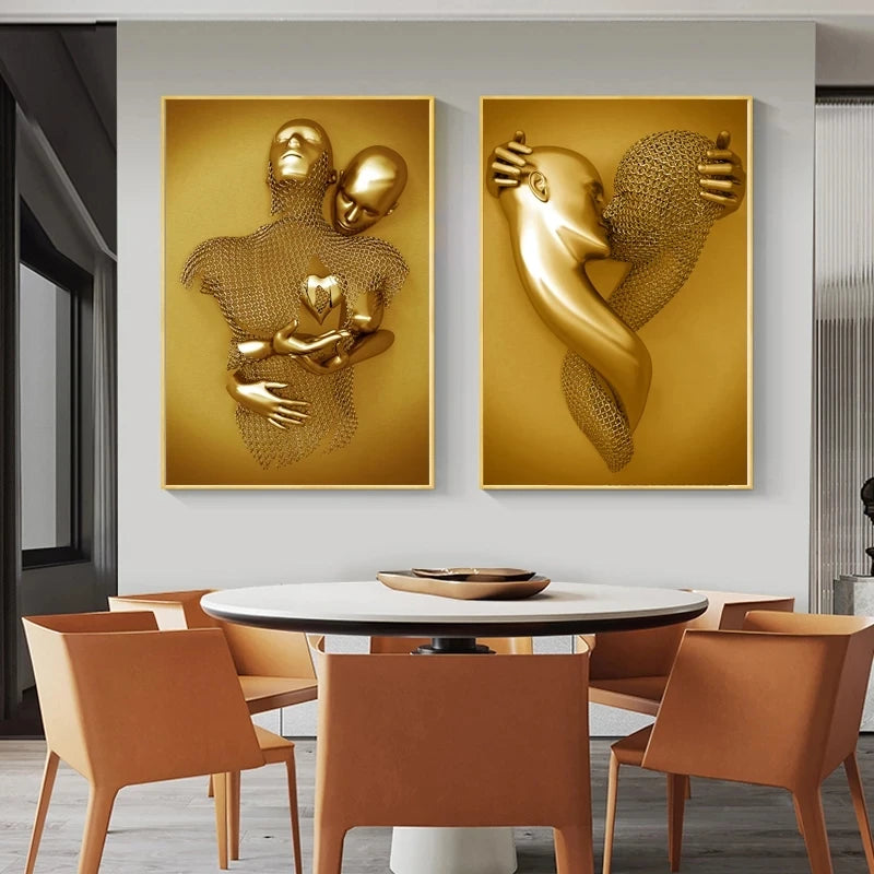 Modern Golden Metal Figura Estátua, Escultura Arte Cartazes, Amante Canvas Pinturas na Parede, Arte Pictures para Home Decoração