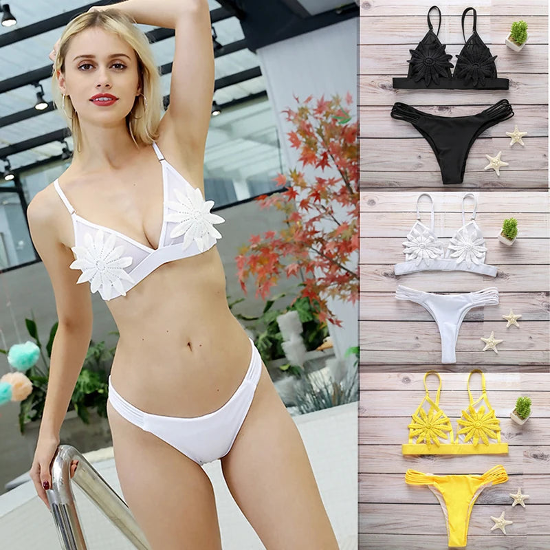 Maiô brasileiro com flor bordada para mulheres, conjunto de biquíni sexy, malha branca, transparente, micro, tanga